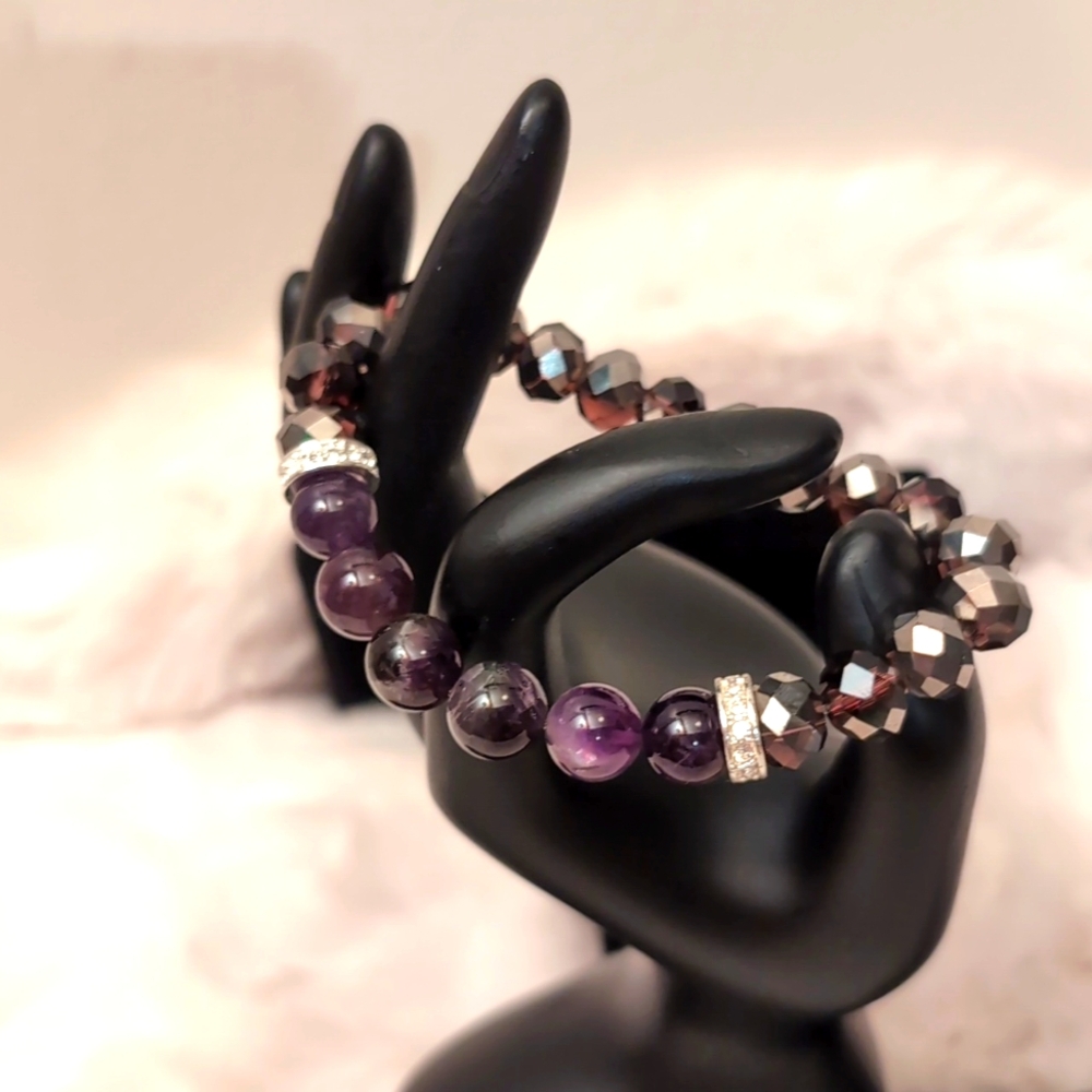 Avon|I Wish You Beaded Bracelet-PROTECTION- Purple Stone and Black Crytals Beads